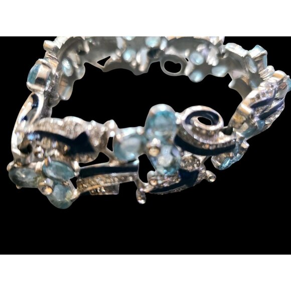Vintage 1930s Rhodium-Plated Blue Enamel Trillium Bracelet Attributed to Mazer - Picture 10 of 13